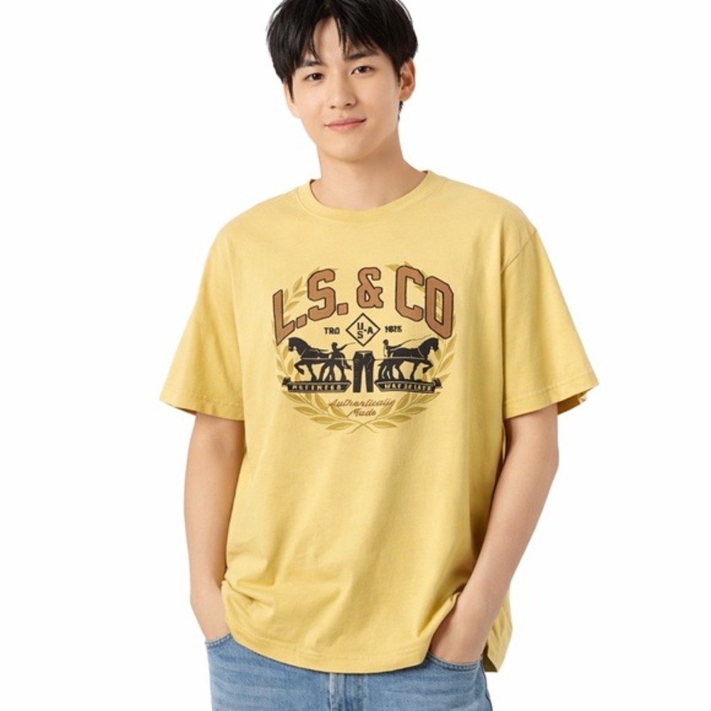 Levis XL Mustard Yellow Graphic T-Shirt LS‎ & Co Two Horse Pull Cotton Tee 87-28